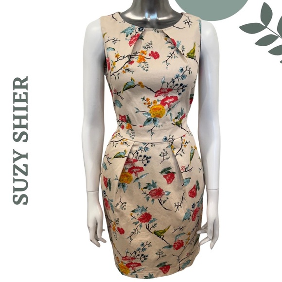 🛍️3/$40 Suzy Shier Sleeveless Floral Dress w Tie Waist Fitted Cream Print Small - Picture 1 of 8